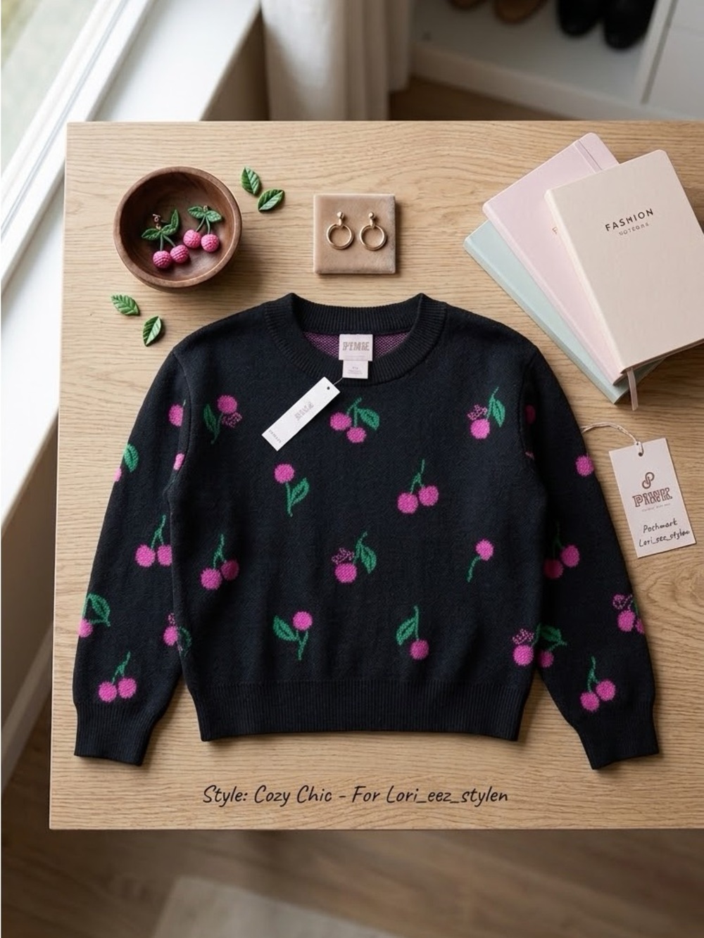PINK Victoria's Secret Black Crewneck Sweater with Pink Cherry Pattern